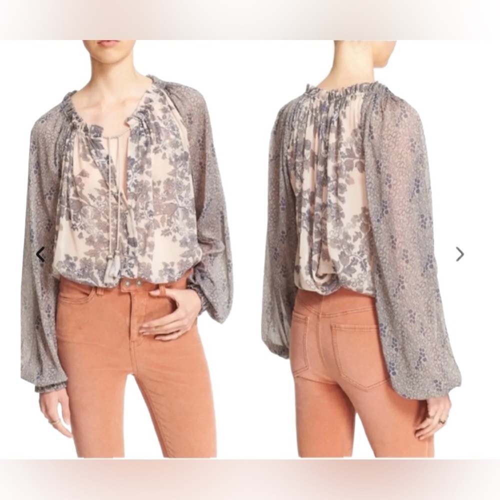 Free People HENDRIX Floral Peasant button down drawstring tassel blouse in ivory - Picture 5 of 8